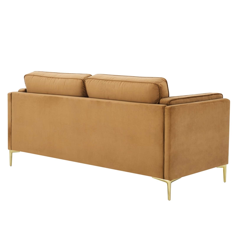 Maklaine Performance Velvet Sofa with Metal Leg in Cognac Brown