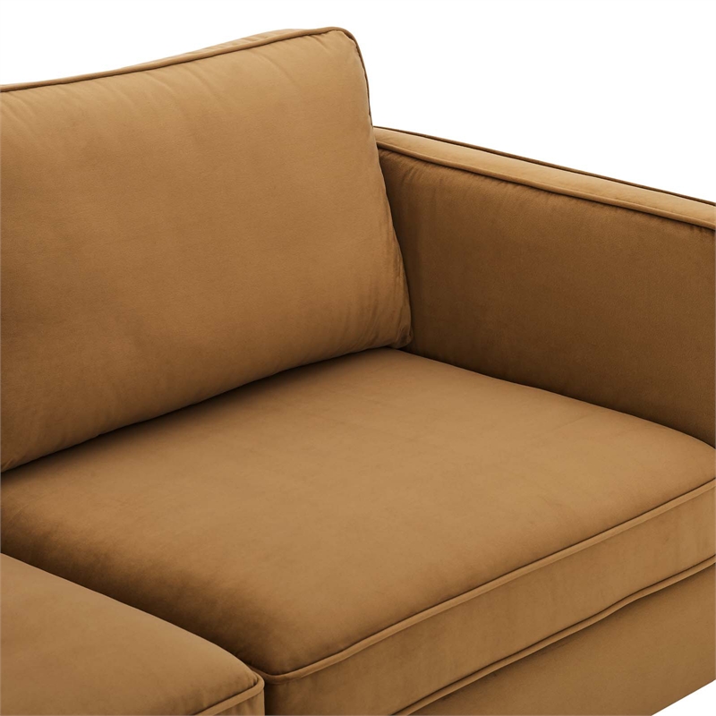 Maklaine Performance Velvet Sofa with Metal Leg in Cognac Brown