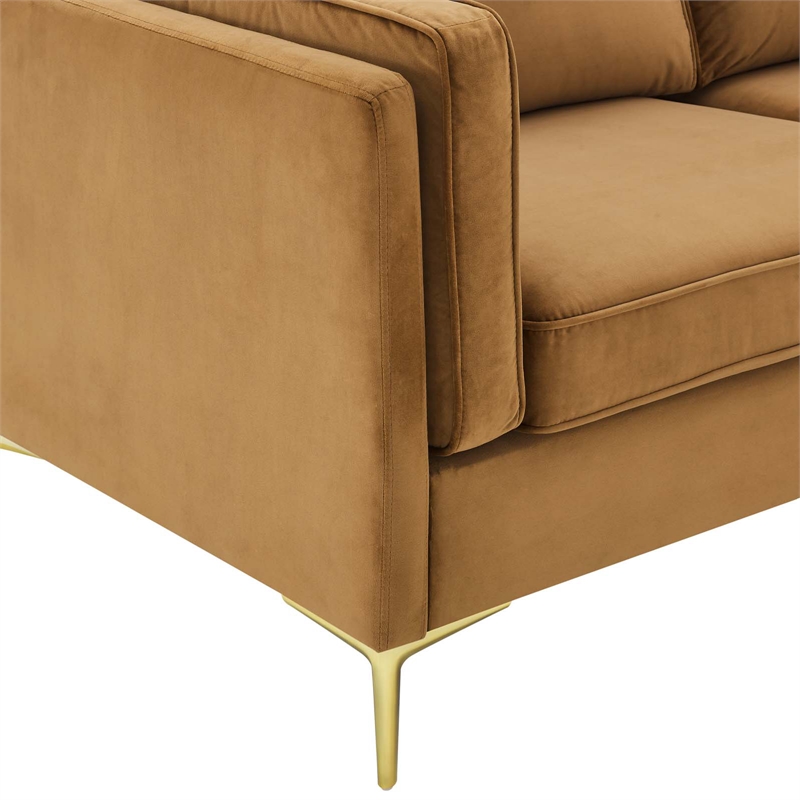 Maklaine Performance Velvet Sofa with Metal Leg in Cognac Brown