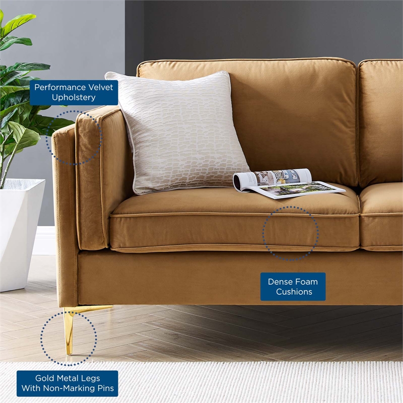 Maklaine Performance Velvet Sofa with Metal Leg in Cognac Brown