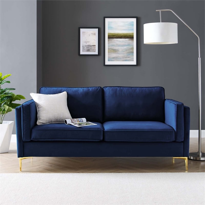 Maklaine Performance Velvet Sofa with Metal Leg - Midnight Blue