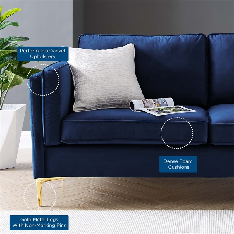 Maklaine Performance Velvet Sofa with Metal Leg - Midnight Blue