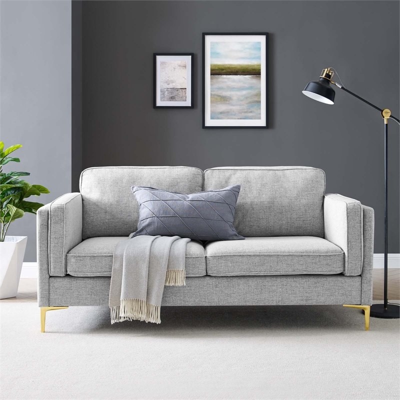Maklaine Modern Polyester Fabric Sofa with Gold Metal Leg in Light Gray
