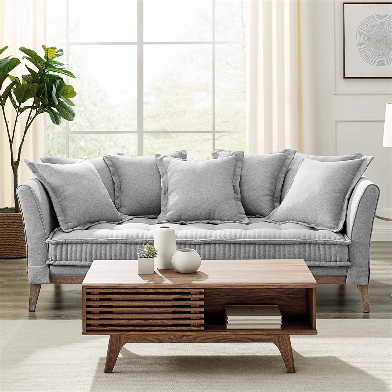 Maklaine Contemporary Fabric and Rubber Wood Sofa in Light Gray