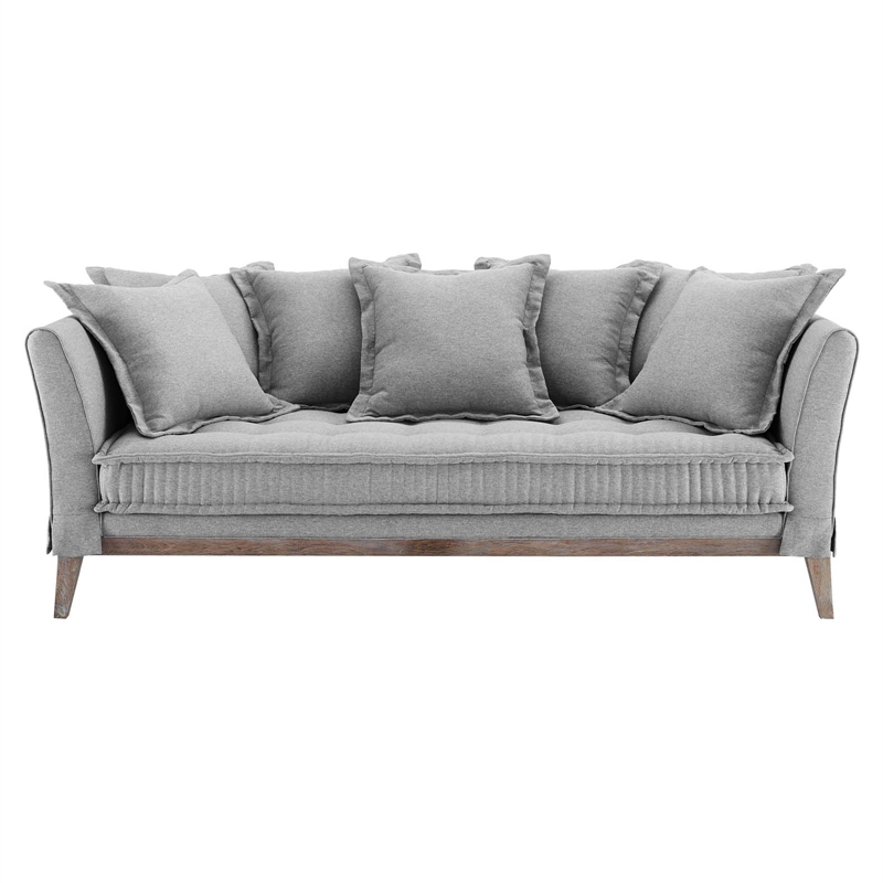 Maklaine Contemporary Fabric and Rubber Wood Sofa in Light Gray
