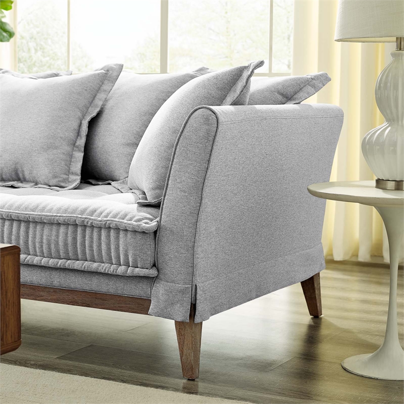 Maklaine Contemporary Fabric and Rubber Wood Sofa in Light Gray