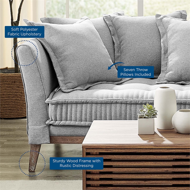 Maklaine Contemporary Fabric and Rubber Wood Sofa in Light Gray