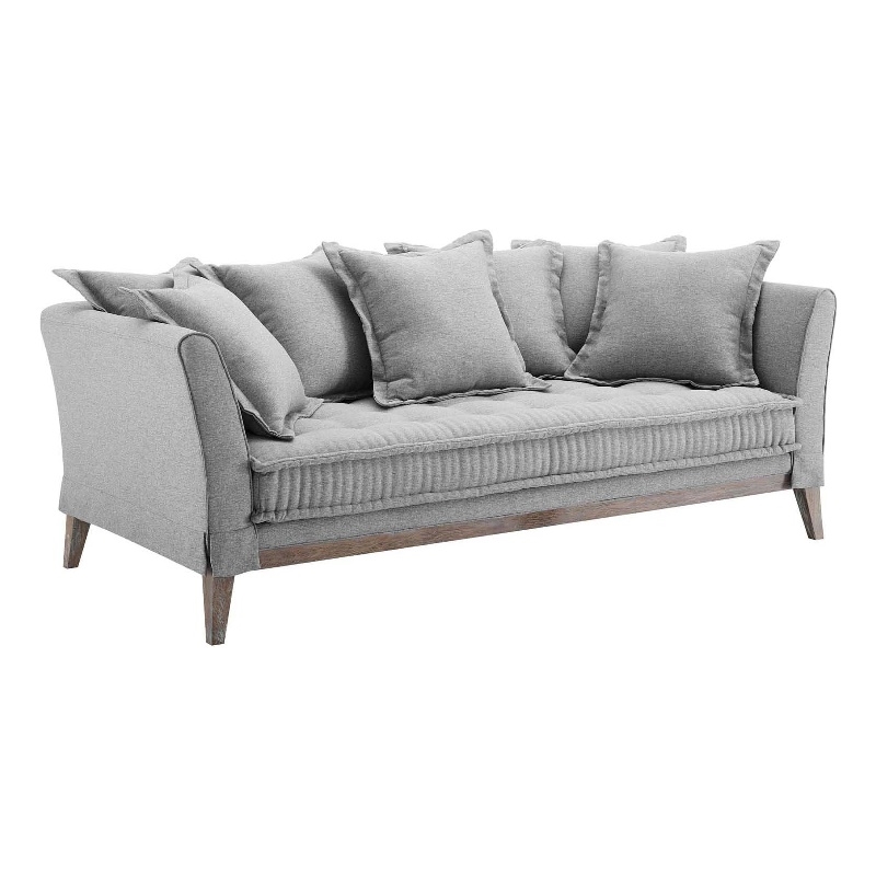 Maklaine Contemporary Fabric and Rubber Wood Sofa in Light Gray