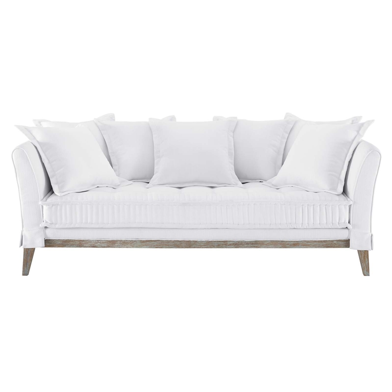 Maklaine Contemporary Fabric and Rubber Wood Sofa in White Finish