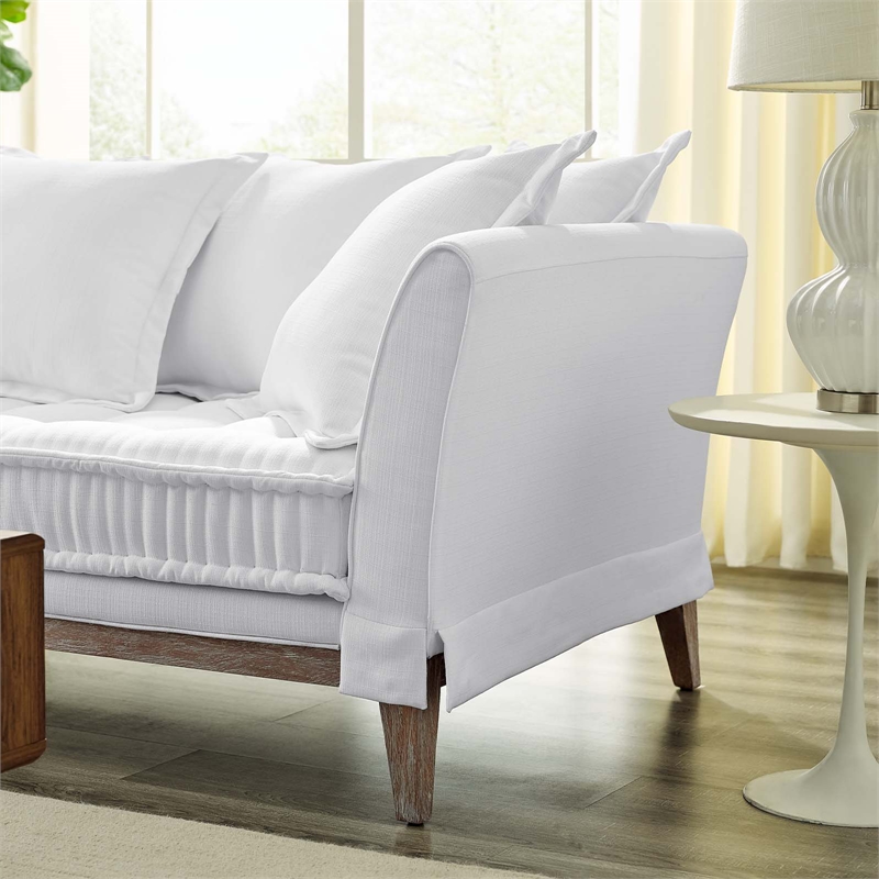 Maklaine Contemporary Fabric and Rubber Wood Sofa in White Finish