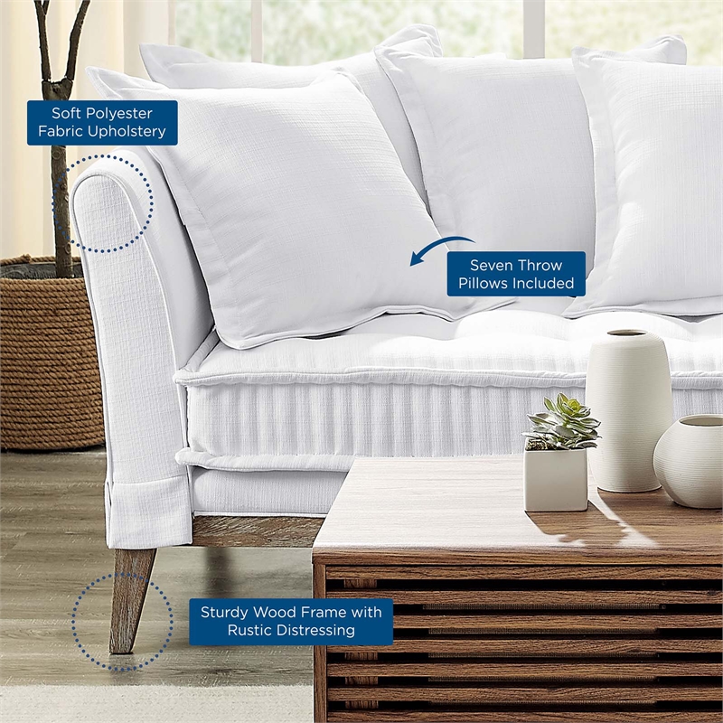 Maklaine Contemporary Fabric and Rubber Wood Sofa in White Finish