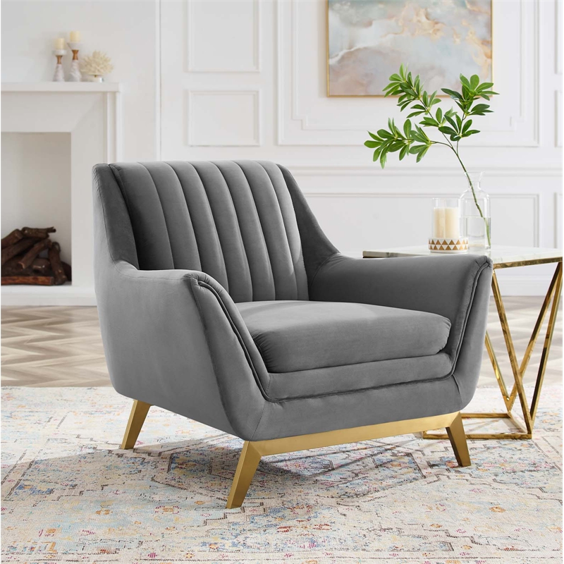 Maklaine Contemporary Channel Tufted Performance Velvet Armchair in Gray