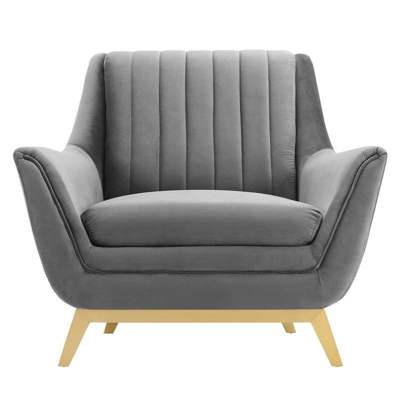 Maklaine Contemporary Channel Tufted Performance Velvet Armchair in Gray