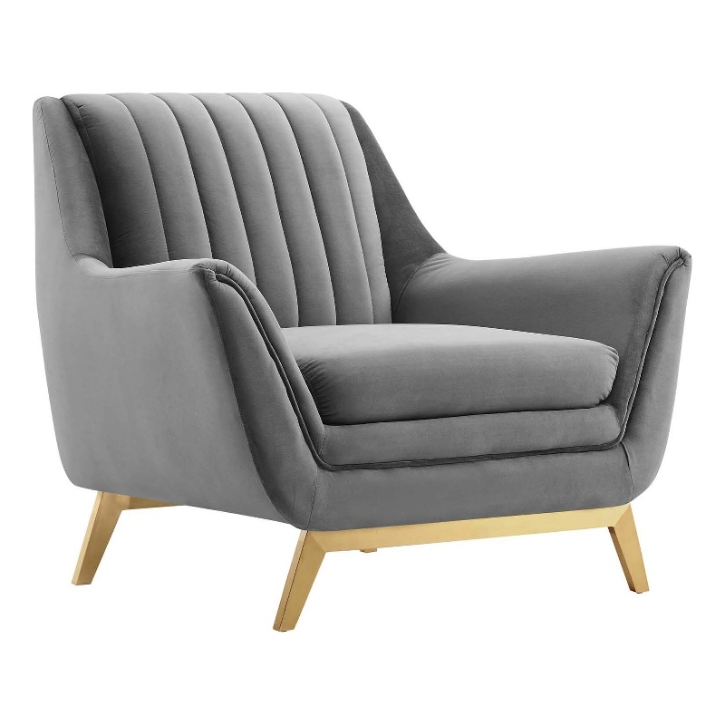 Maklaine Contemporary Channel Tufted Performance Velvet Armchair in Gray