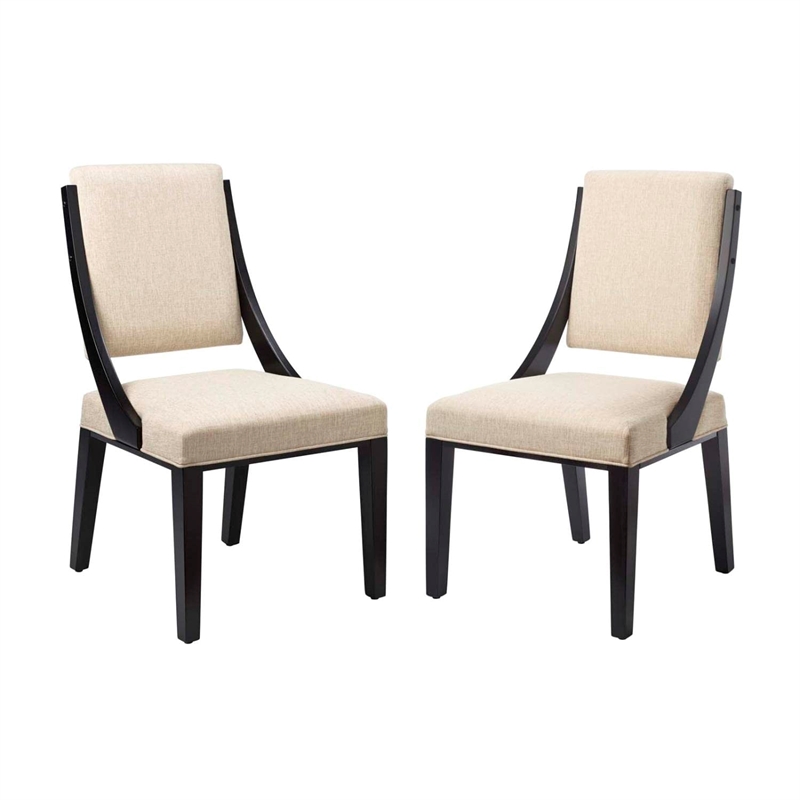 Maklaine Solid Wood and Fabric Dining Chairs in Beige (Set of 2)