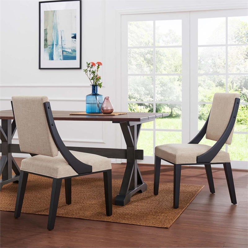 Maklaine Solid Wood and Fabric Dining Chairs in Beige (Set of 2)