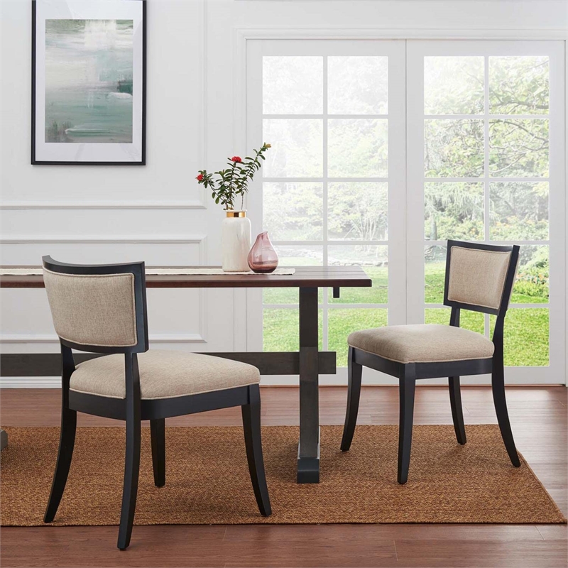 Maklaine Solid Wood and Fabric Dining Chairs in Beige (Set of 2)