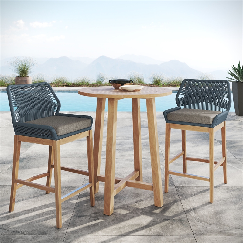 Maklaine Contemporary Slatted Tabletop 3-Piece Bar Set in Blue Graphite