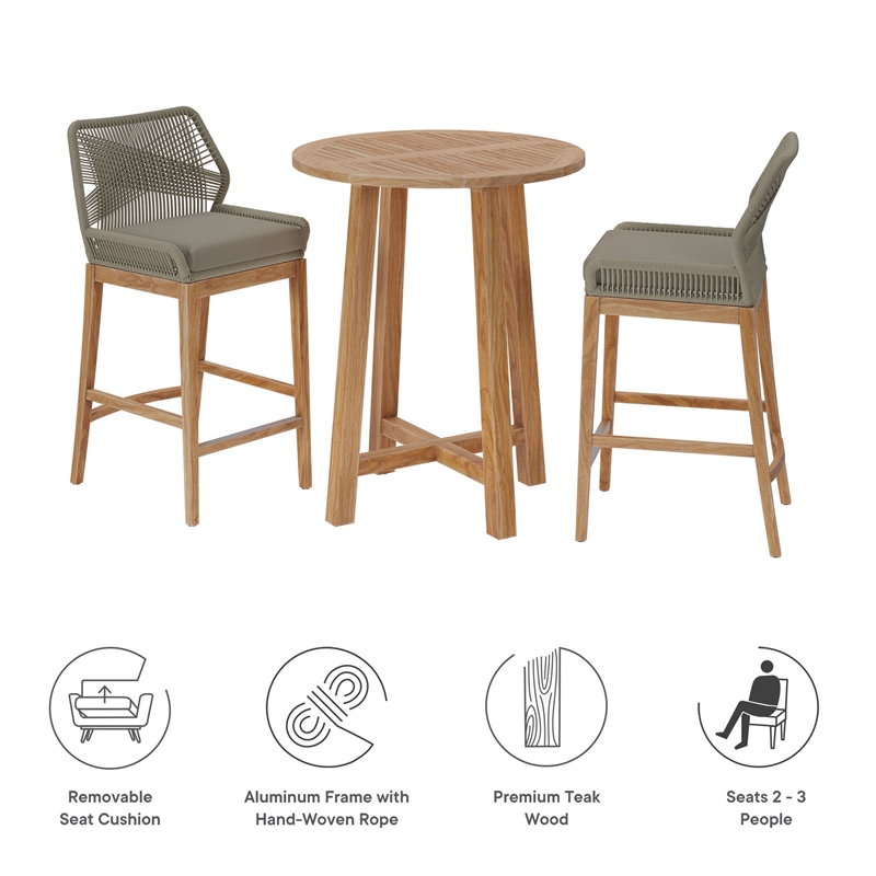 Maklaine Contemporary Slatted Tabletop 3-Piece Bar Set in Light Gray Greige