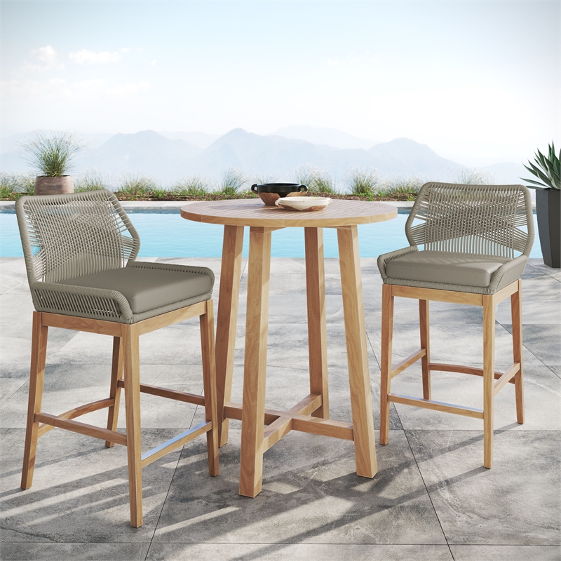 Maklaine Contemporary Slatted Tabletop 3-Piece Bar Set in Light Gray Greige