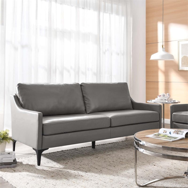 Maklaine Modern / Contemporary Leather and Metal Sofa in Gray Finish
