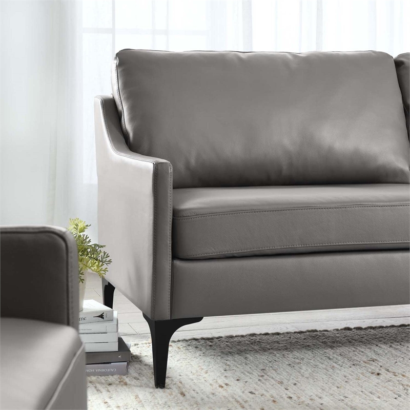 Maklaine Modern / Contemporary Leather and Metal Sofa in Gray Finish