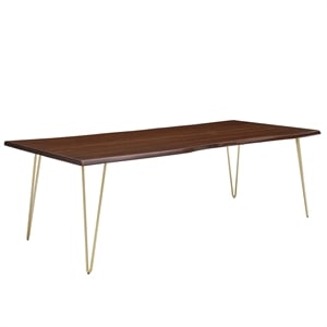 Maklaine 96&quot Live Edge Acacia Wood and Metal Dining Table in Gold/Walnut