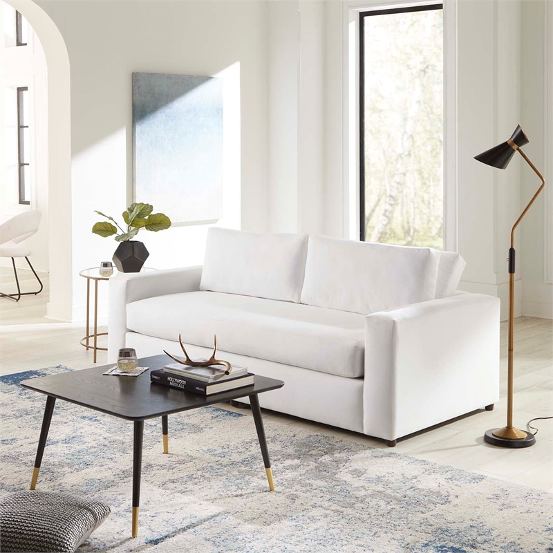 Maklaine Contemporary Dense Foam Padding Performance Velvet Sofa in Dove/White