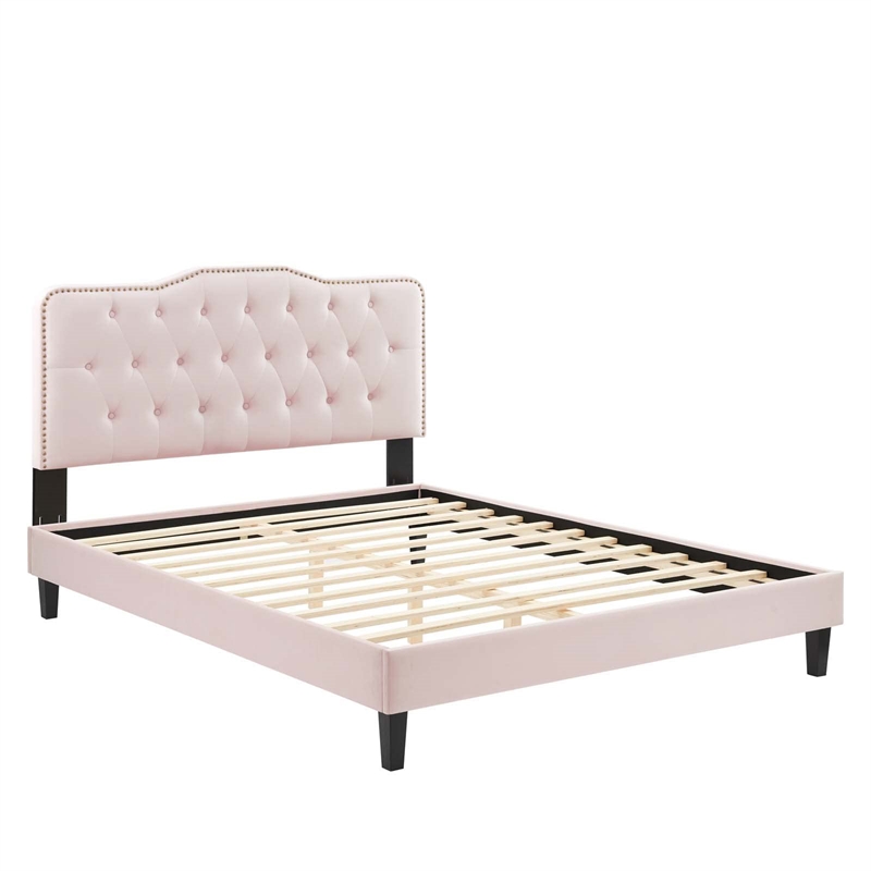 Maklaine Modern Performance Velvet Queen Platform Bed in Pink