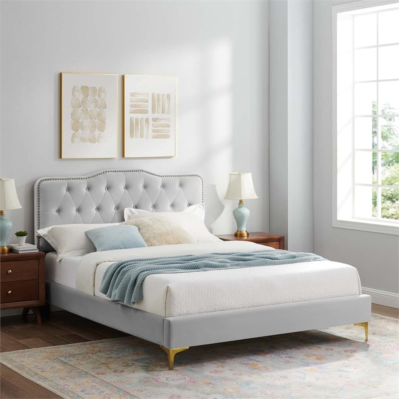 Maklaine Tufted Performance Velvet Twin Platform Bed in Light Gray