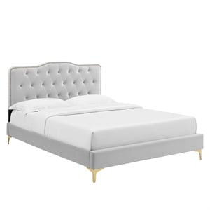 Maklaine Tufted Performance Velvet Twin Platform Bed in Light Gray