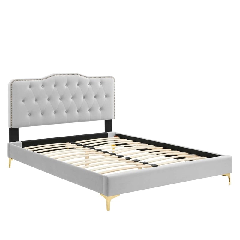Maklaine Tufted Performance Velvet Twin Platform Bed in Light Gray
