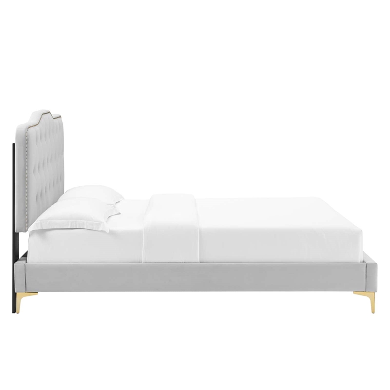 Maklaine Tufted Performance Velvet Twin Platform Bed in Light Gray