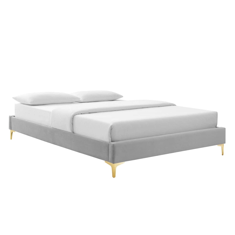 Maklaine Tufted Performance Velvet Twin Platform Bed in Light Gray
