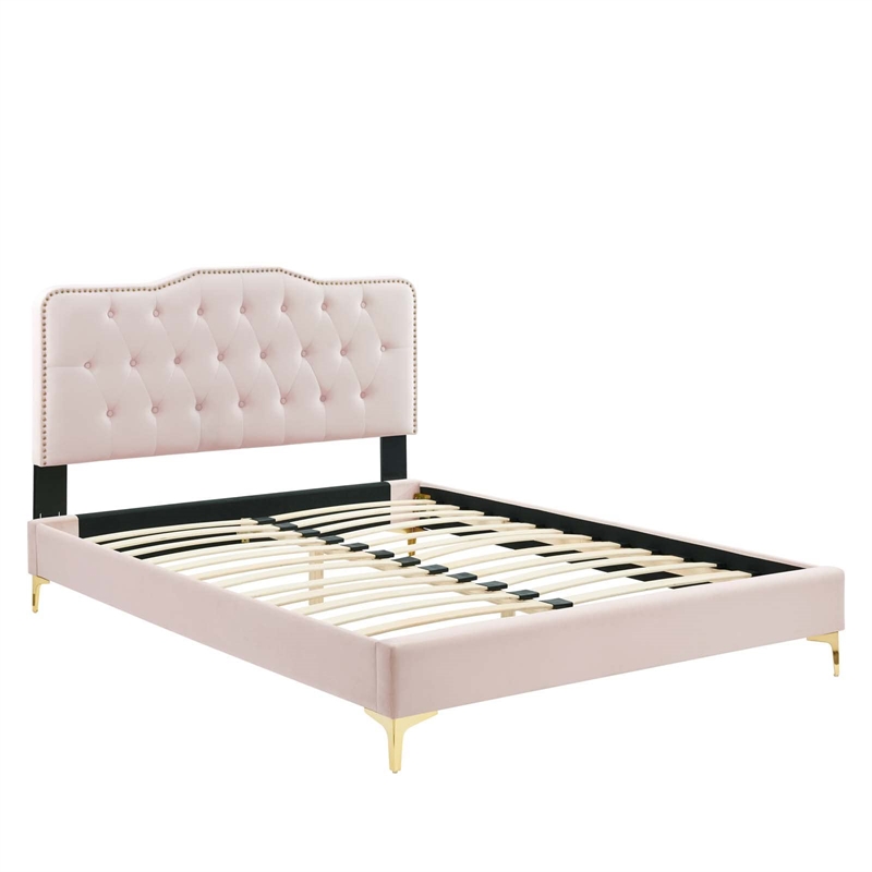 Maklaine Tufted Performance Velvet Twin Platform Bed in Pink