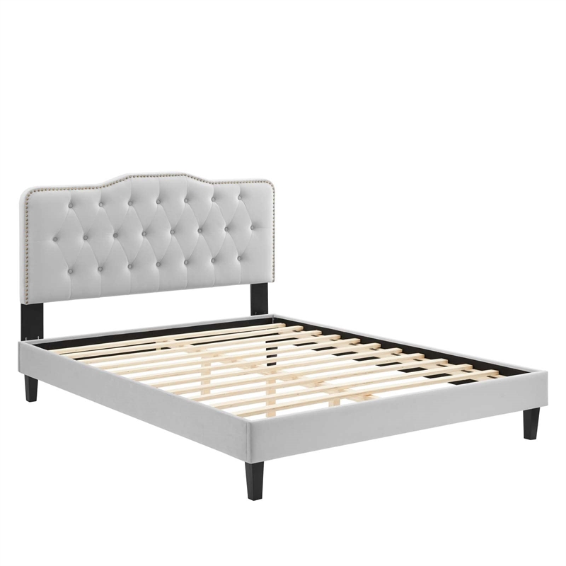 Maklaine Tufted Performance Velvet King Platform Bed in Light Gray