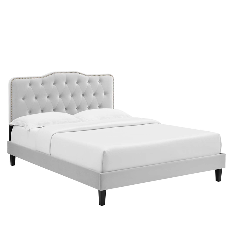 Maklaine Contemporary Performance Velvet Twin Platform Bed in Light Gray