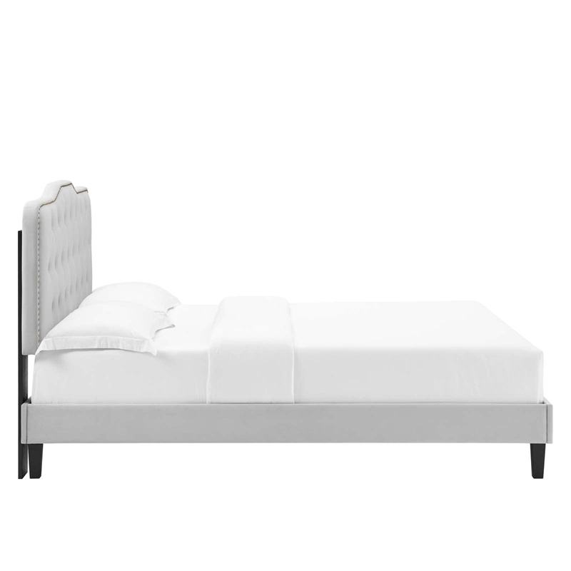 Maklaine Contemporary Performance Velvet Twin Platform Bed in Light Gray