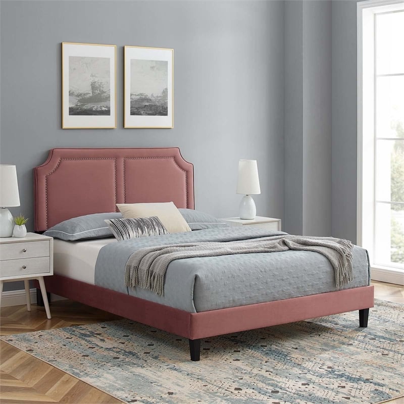 Maklaine Modern Performance Velvet King Bed in Dusty Rose Pink