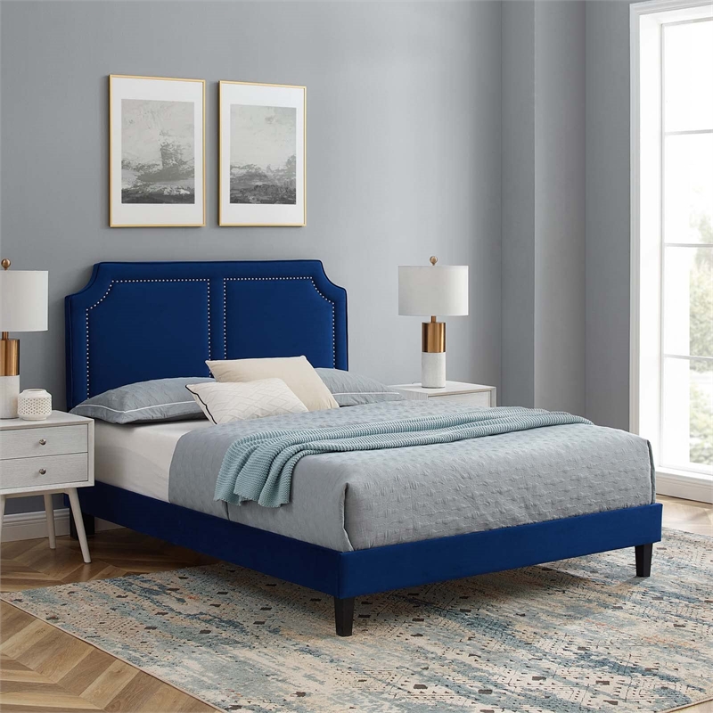 Maklaine Contemporary Performance Velvet King Bed in Navy Finish