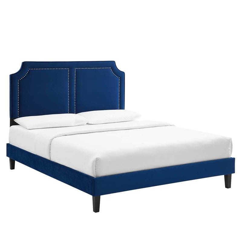 Maklaine Contemporary Performance Velvet King Bed in Navy Finish