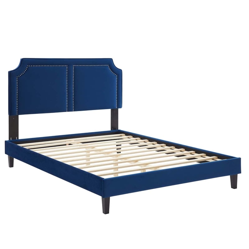 Maklaine Contemporary Performance Velvet King Bed in Navy Finish