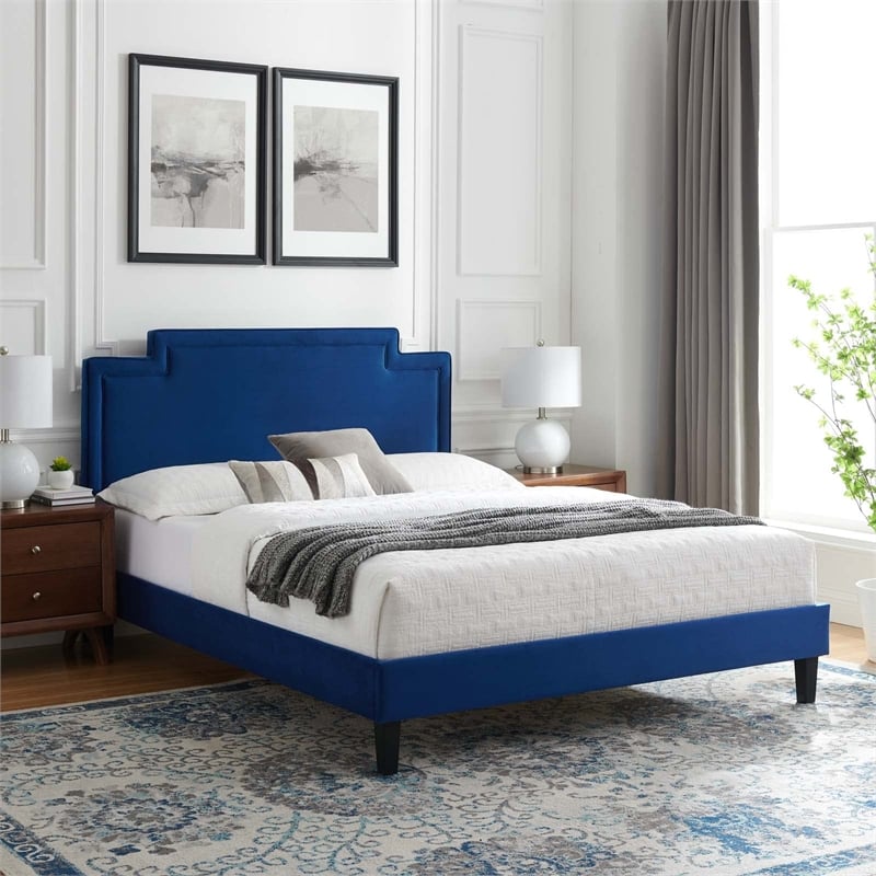 Maklaine Contemporary Performance Velvet King Bed in Navy Finish