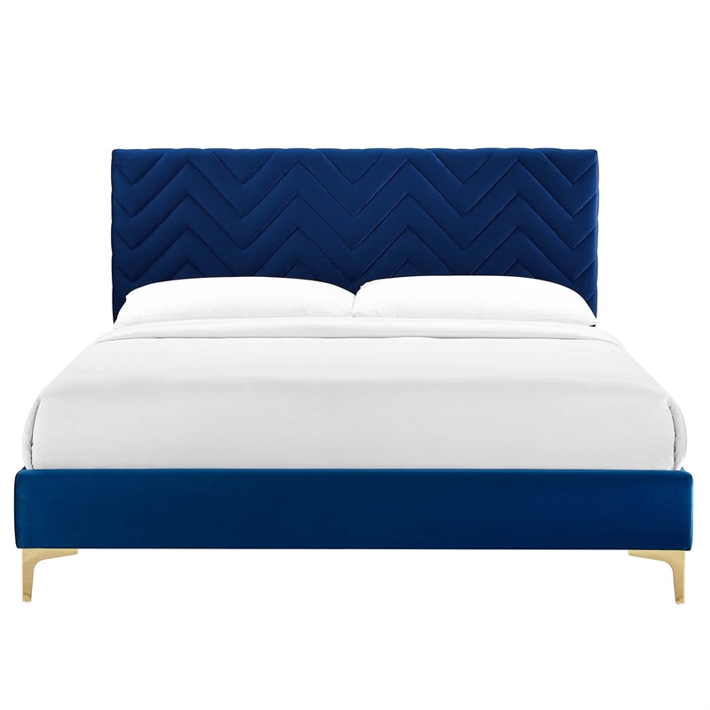 Maklaine Tufted Performance Velvet Queen Platform Bed in Navy