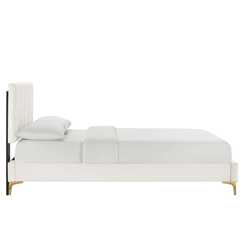 Maklaine Tufted Performance Velvet Queen Platform Bed in White