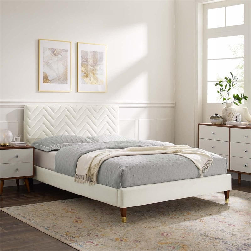 Maklaine Tufted Performance Velvet Queen Platform Bed - White