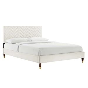 Maklaine Tufted Performance Velvet Twin Platform Bed in White