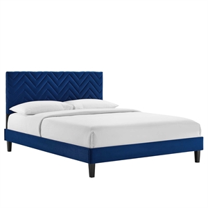 Maklaine Contemporary Tufted Velvet Queen Platform Bed in Navy Finish
