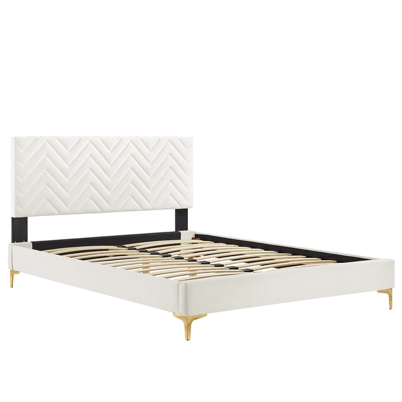 Maklaine Tufted Performance Velvet Full Platform Bed in White