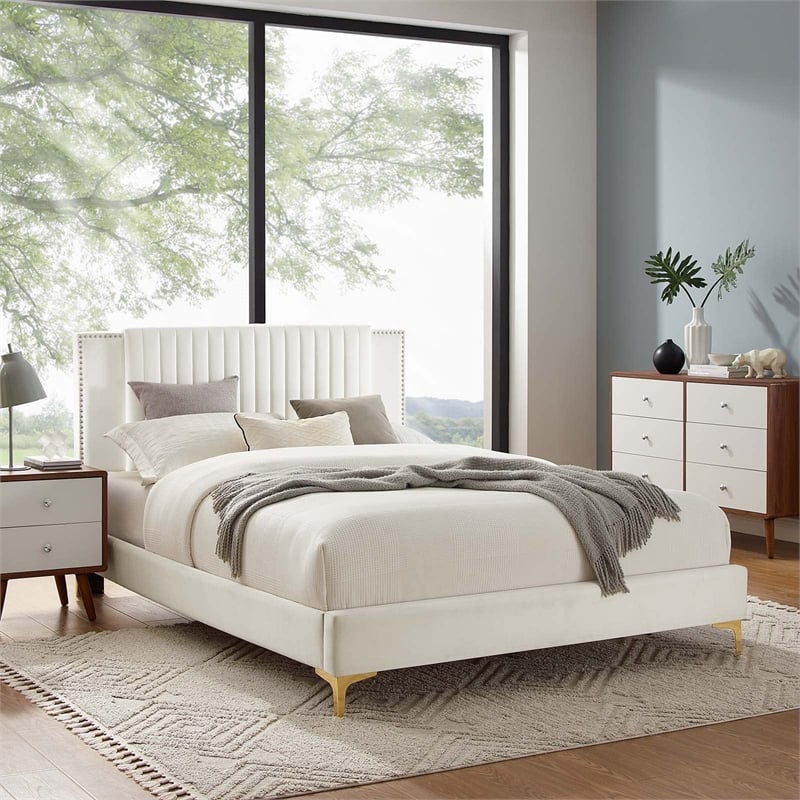 Maklaine Channel Tufted Performance Velvet Full Platform Bed in White